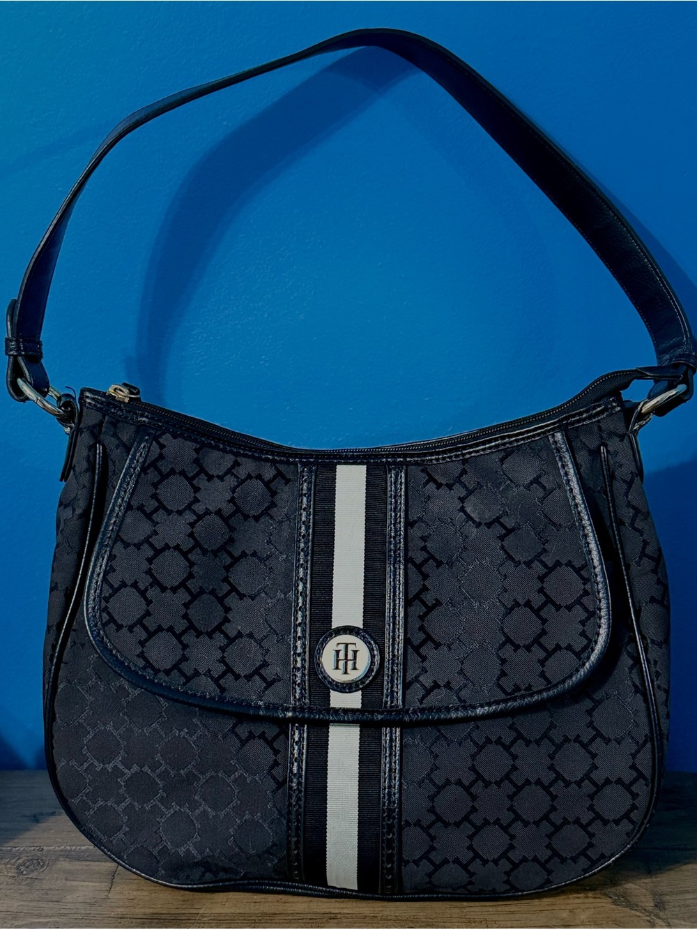 Tommy Hilfiger Navy Shoulder Bag with White Center Stripe